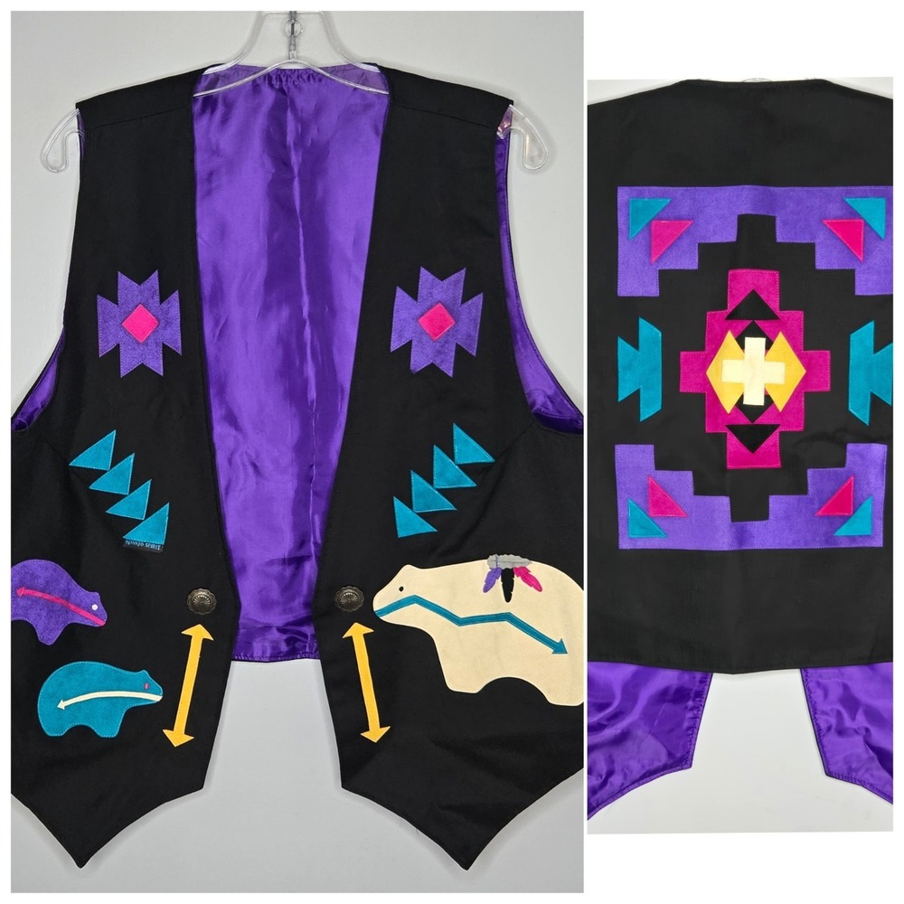 NAVAJO SPIRIT Bear Southwestern Aztec Colorful Vest Unisex XL Made In USA Concho